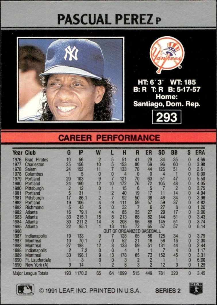 1991 Leaf Pascual Perez #293 baseball trading card back