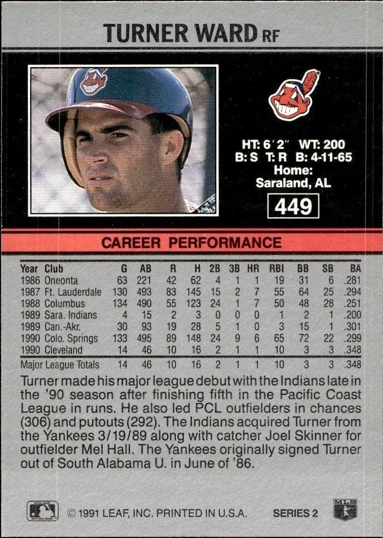 1991 Leaf Turner Ward #449 baseball trading card back