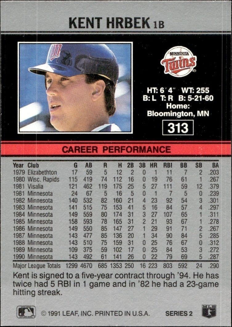1991 Leaf Kent Hrbek #313 baseball trading card back