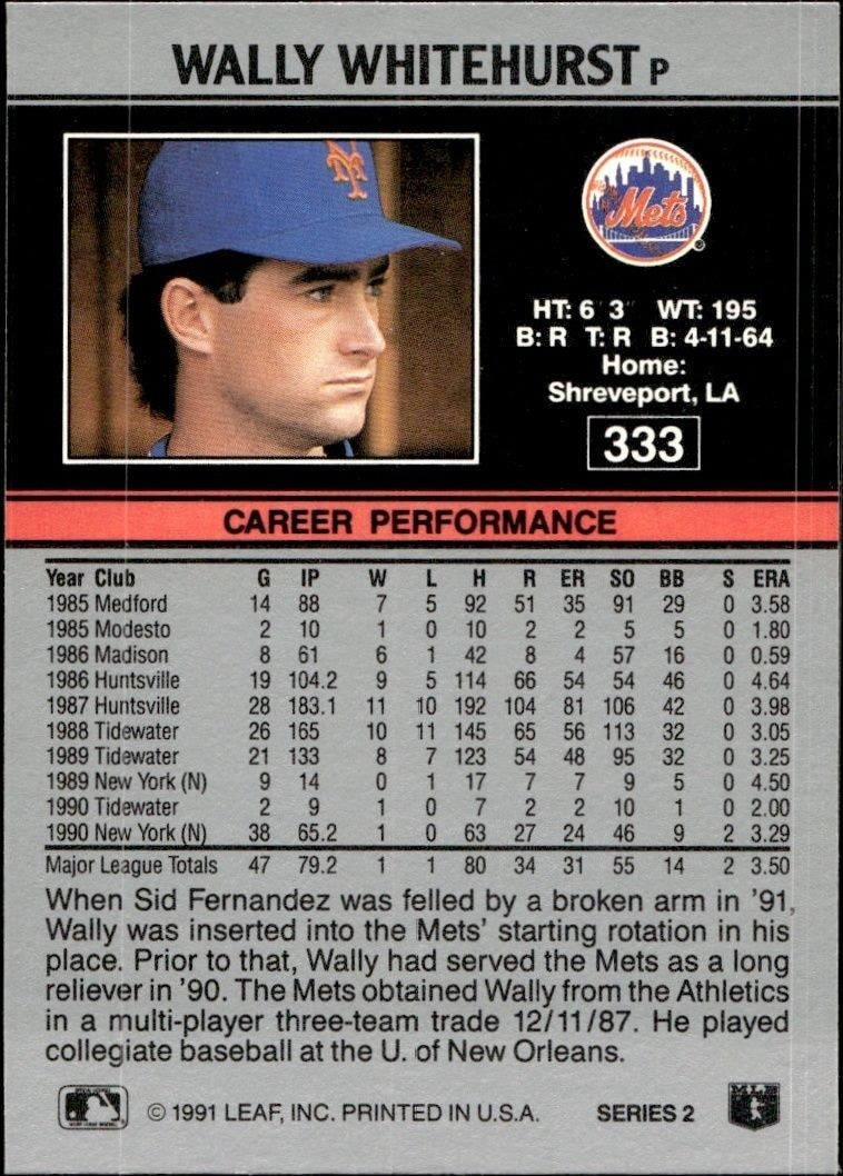 1991 Leaf Wally Whitehurst #333 baseball trading card back