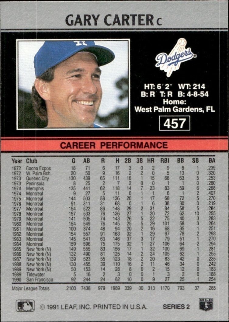 1991 Leaf Gary Carter #457 baseball trading card back