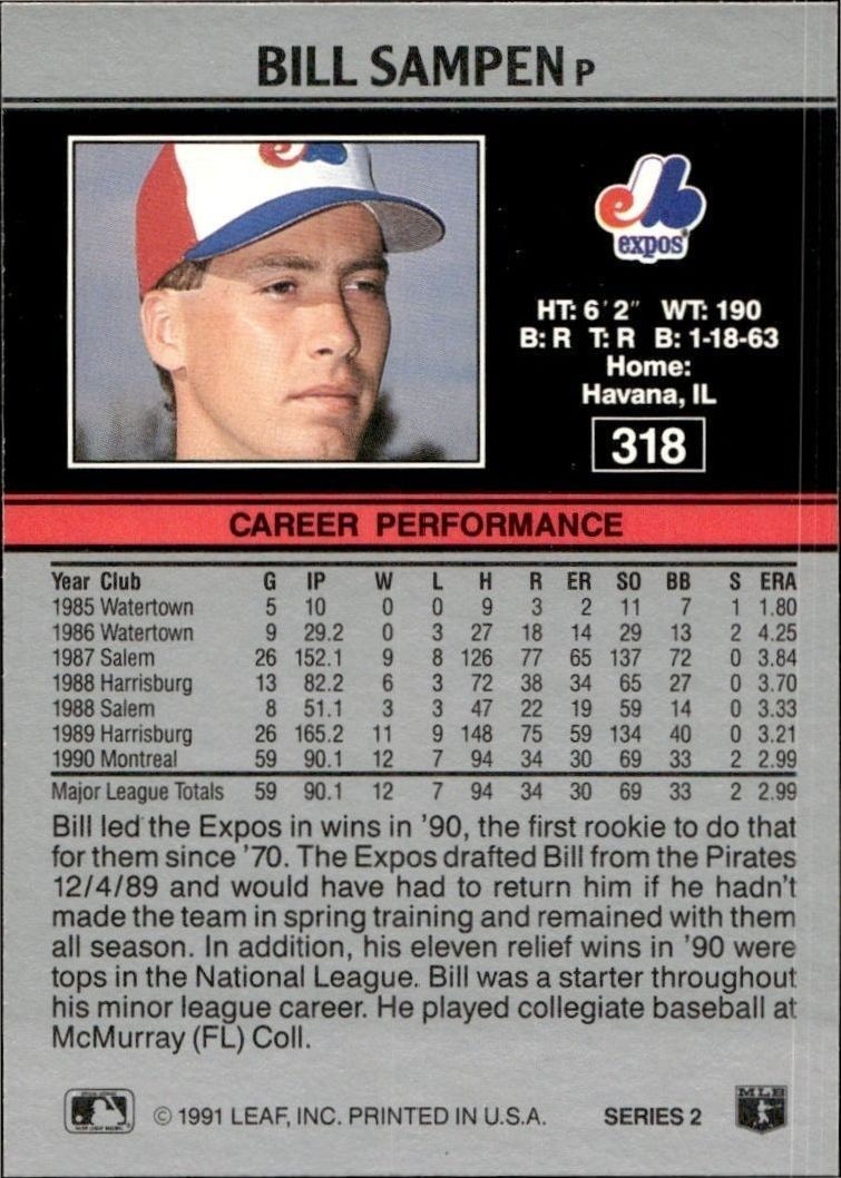 1991 Leaf Bill Sampen #318 baseball trading card back