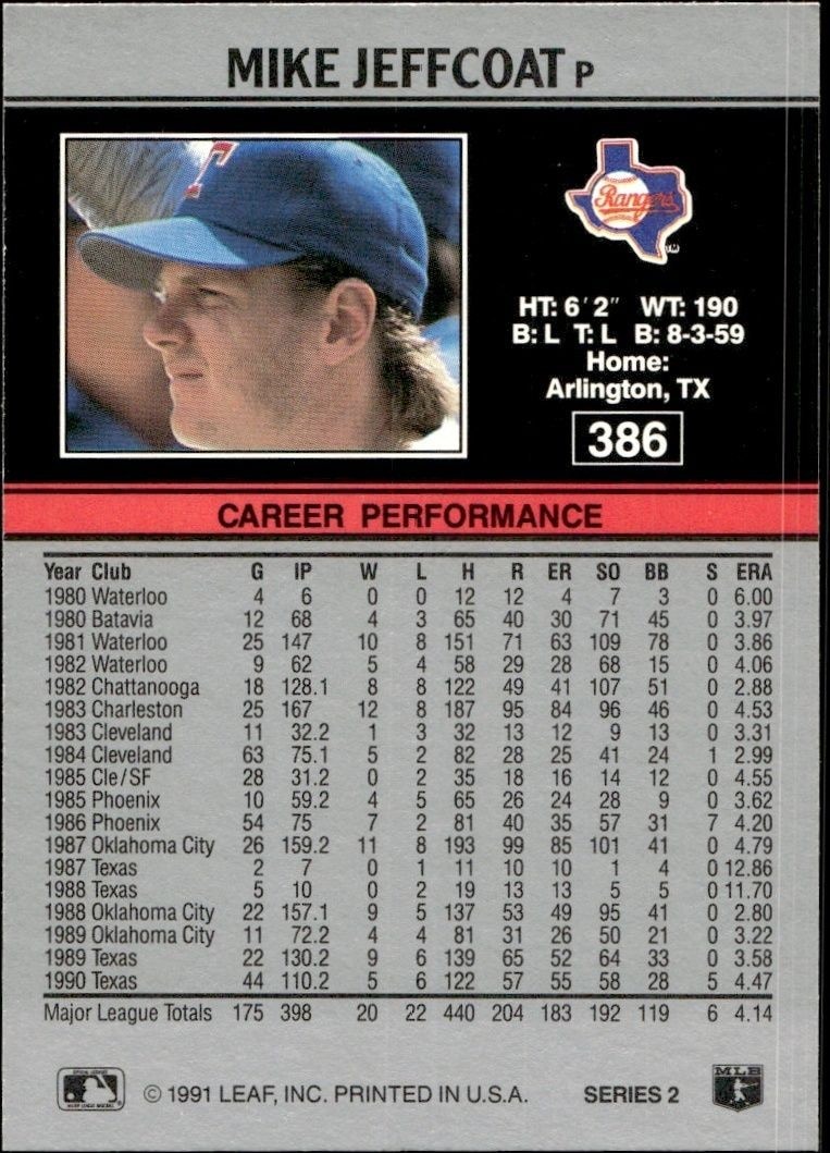 1991 Leaf Mike Jeffcoat #386 baseball trading card back