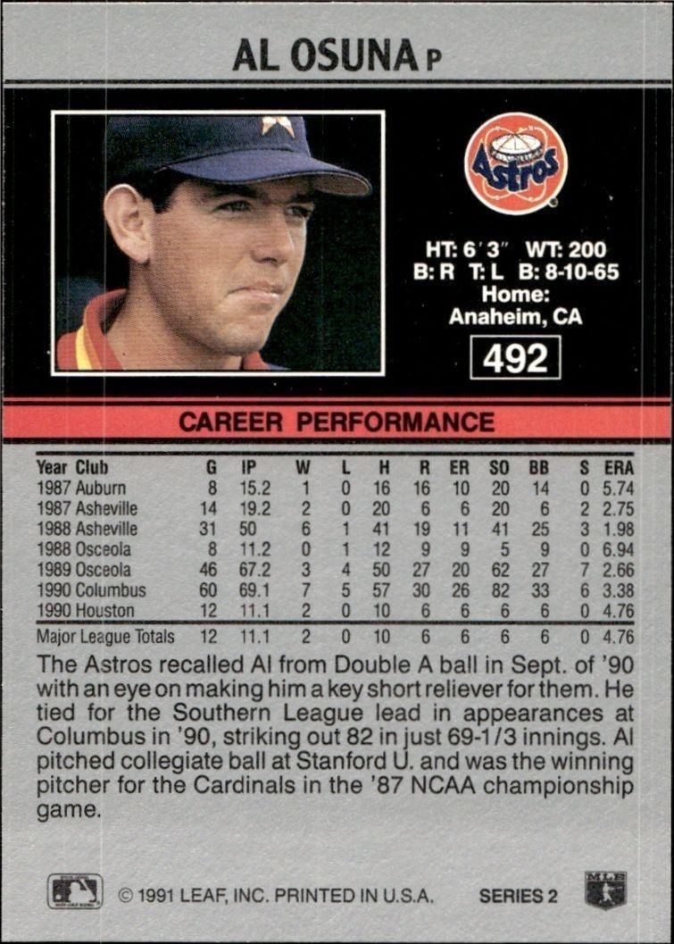 1991 Leaf Al Osuna #492 baseball trading card back