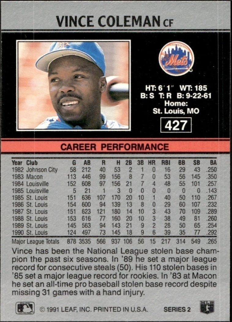 1991 Leaf Vince Coleman #427 baseball trading card back