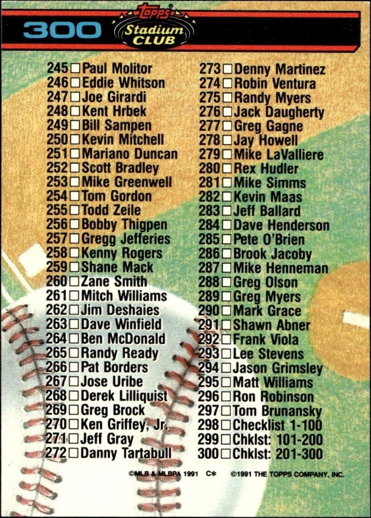 1991 Topps Stadium Club Checklist #300 baseball trading card back
