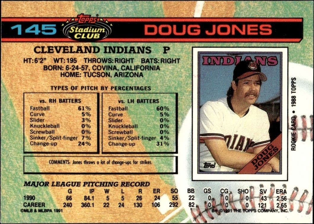 1991 Topps Stadium Club Doug Jones #145 baseball trading card back