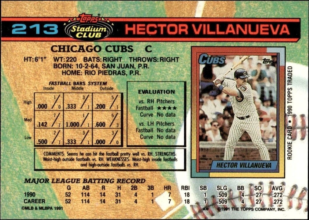1991 Topps Stadium Club Hector Villanueva #213 baseball trading card back
