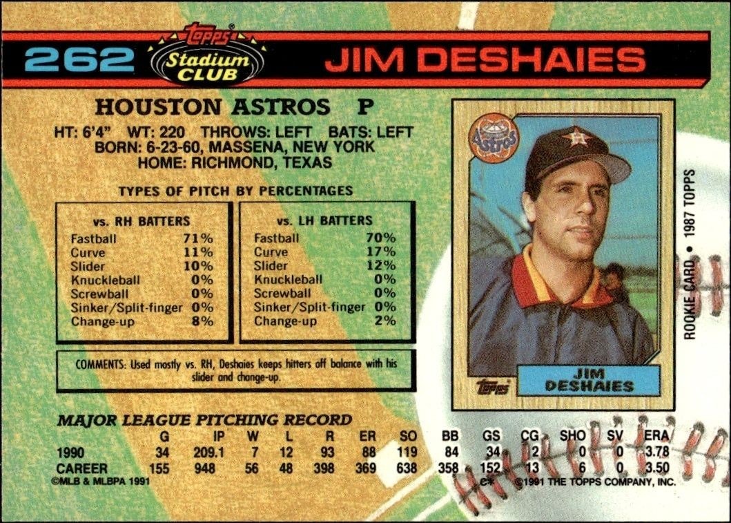 1991 Topps Stadium Club Jim Deshaies #262 baseball trading card back