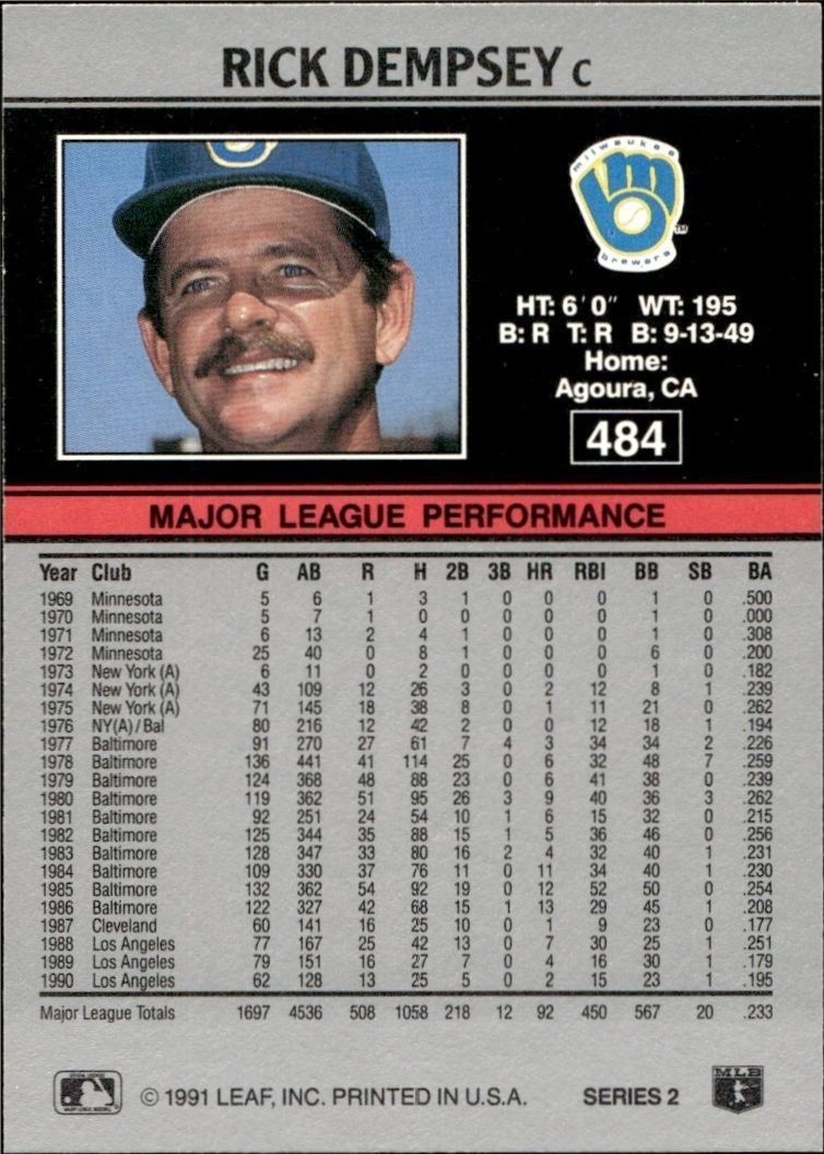 1991 Leaf Rick Dempsey #484 baseball trading card back