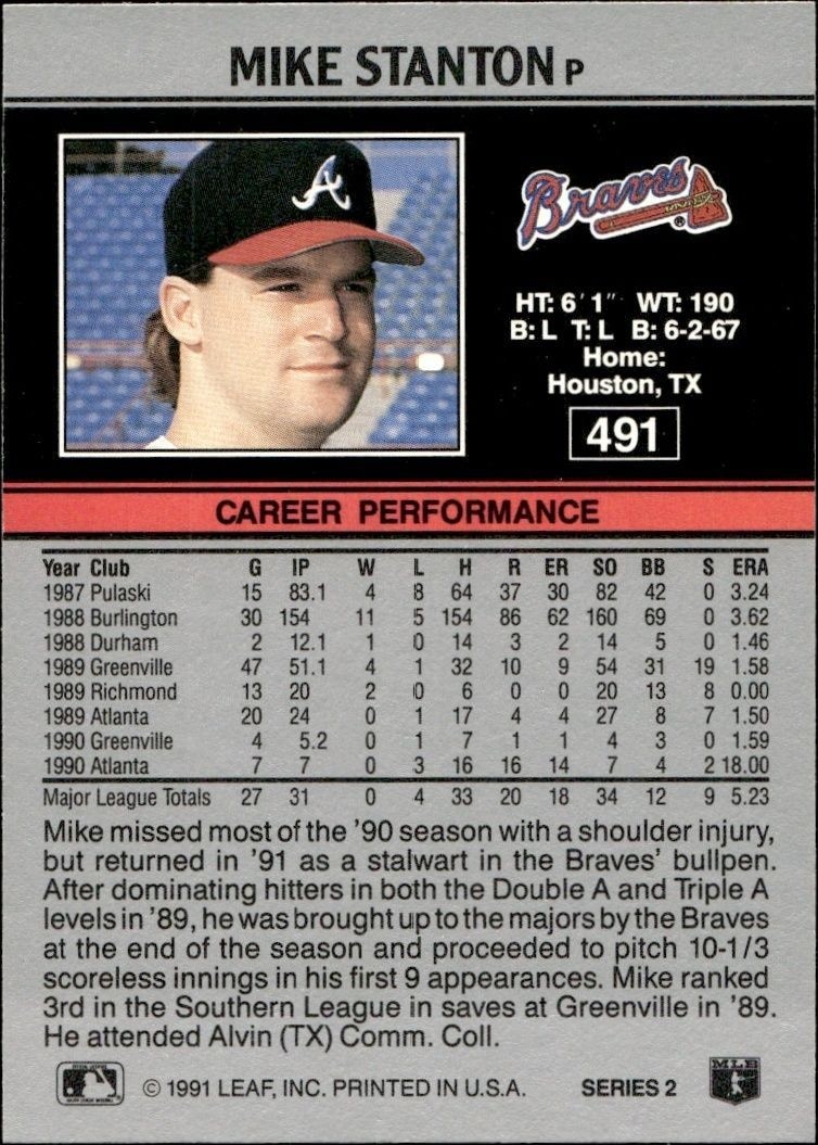 1991 Leaf Mike Stanton #491 baseball trading card back