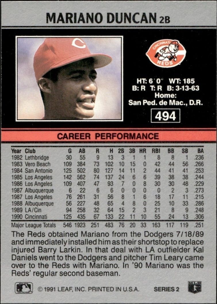 1991 Leaf Mariano Duncan #494 baseball trading card back