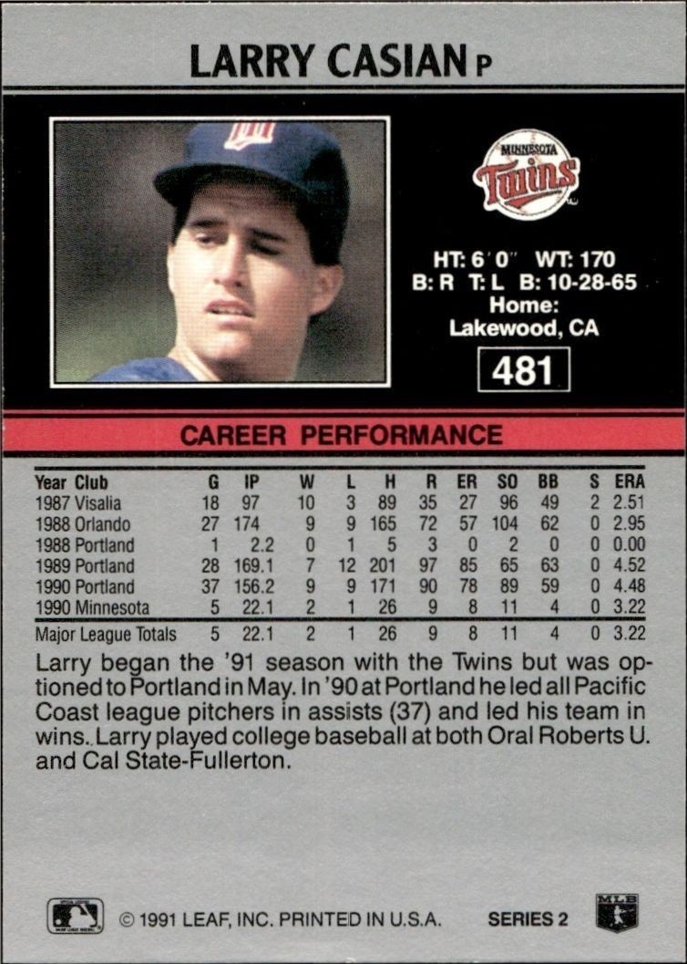 1991 Leaf Larry Casian #481 baseball trading card back