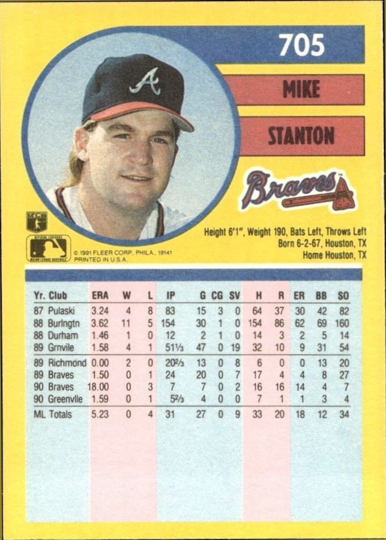 1991 Fleer Mike Stanton #705 baseball trading card back