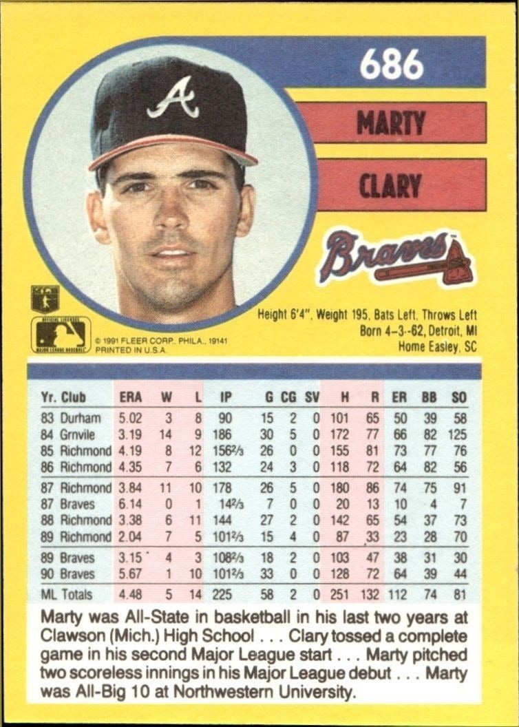 1991 Fleer Marty Clary #686 baseball trading card back