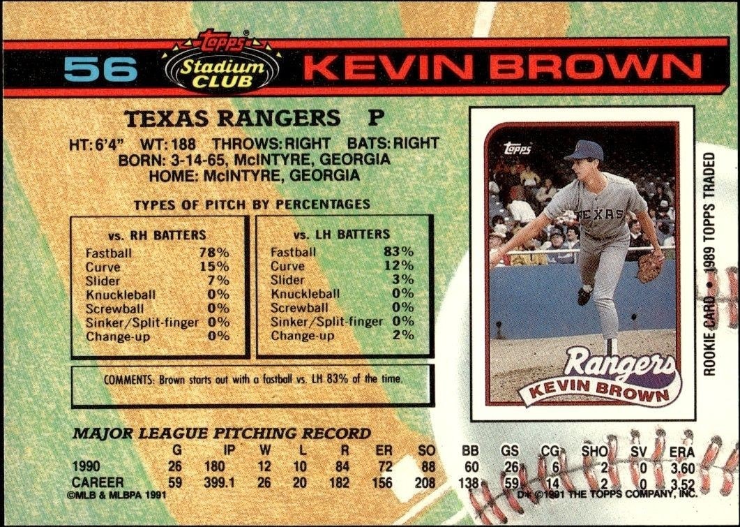 1991 Topps Stadium Club Kevin Brown #56 baseball trading card back