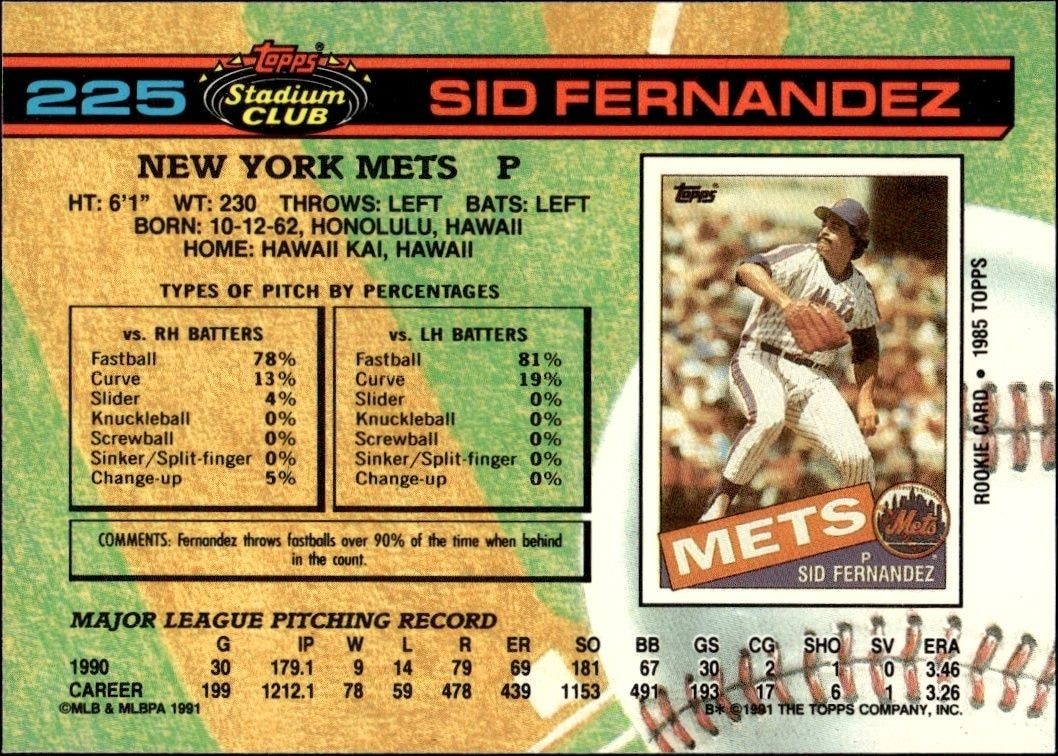 1991 Topps Stadium Club Sid Fernandez #225 baseball trading card back