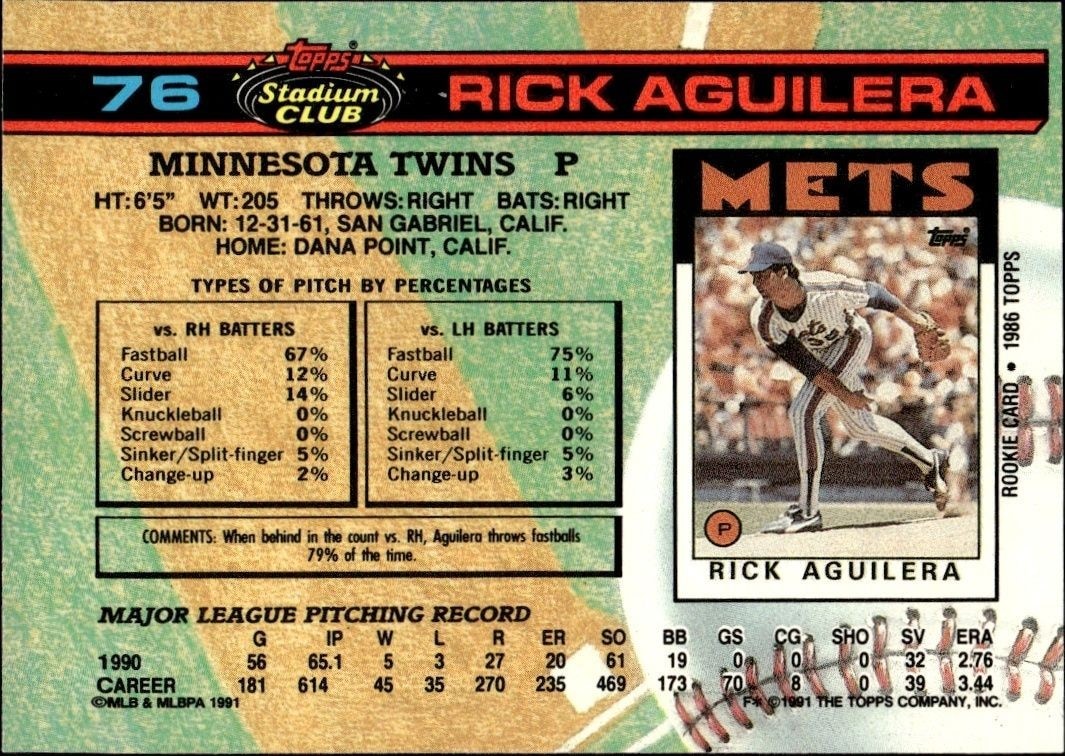 1991 Topps Stadium Club Rick Aguilera #76 baseball trading card back