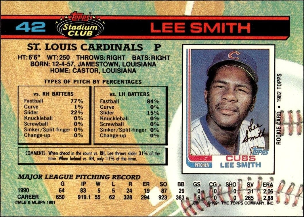 1991 Topps Stadium Club Lee Smith #42 baseball trading card back
