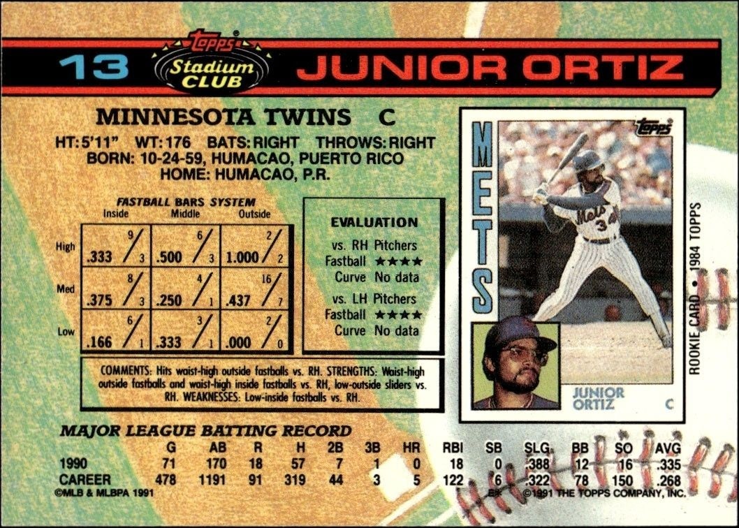 1991 Topps Stadium Club Junior Ortiz #13 baseball trading card back