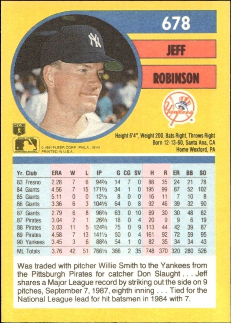 1991 Fleer Jeff M. Robinson #678 baseball trading card back