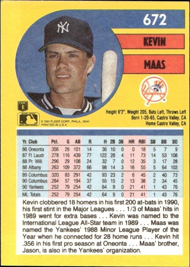 1991 Fleer Kevin Maas #672 baseball trading card back
