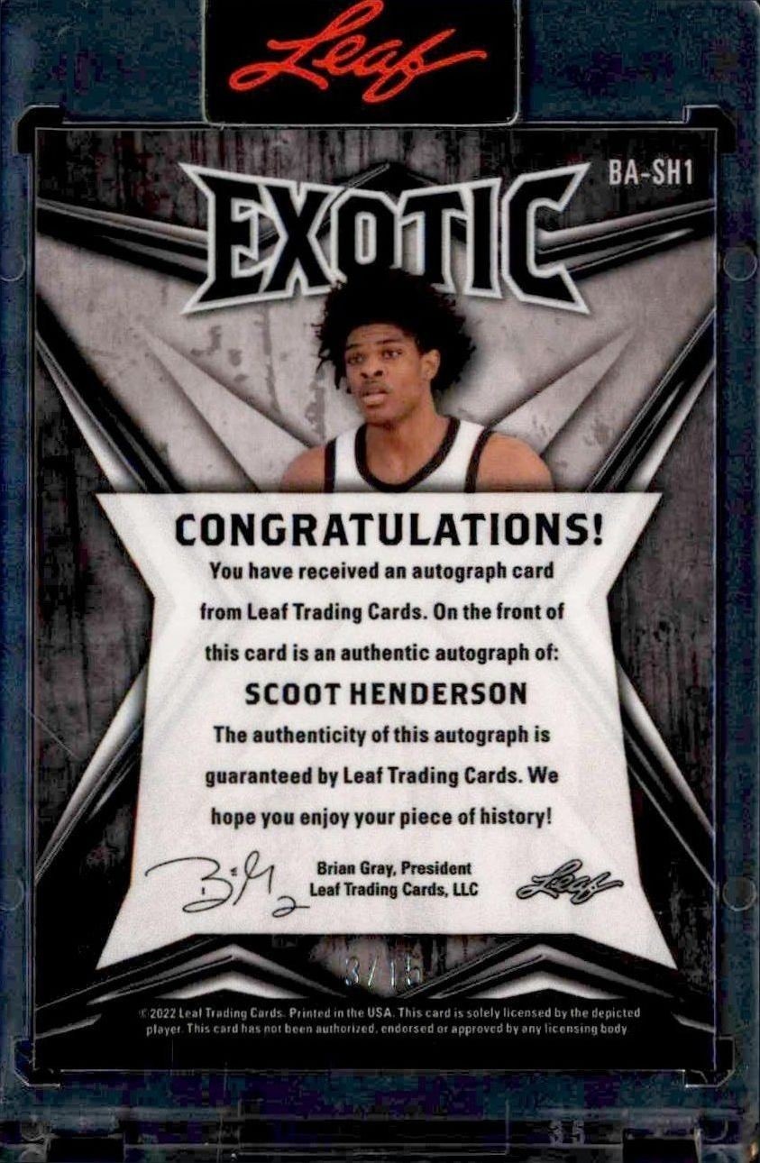 2022-23 Leaf Exotic Scoot Henderson #BA-SH1 basketball trading card back