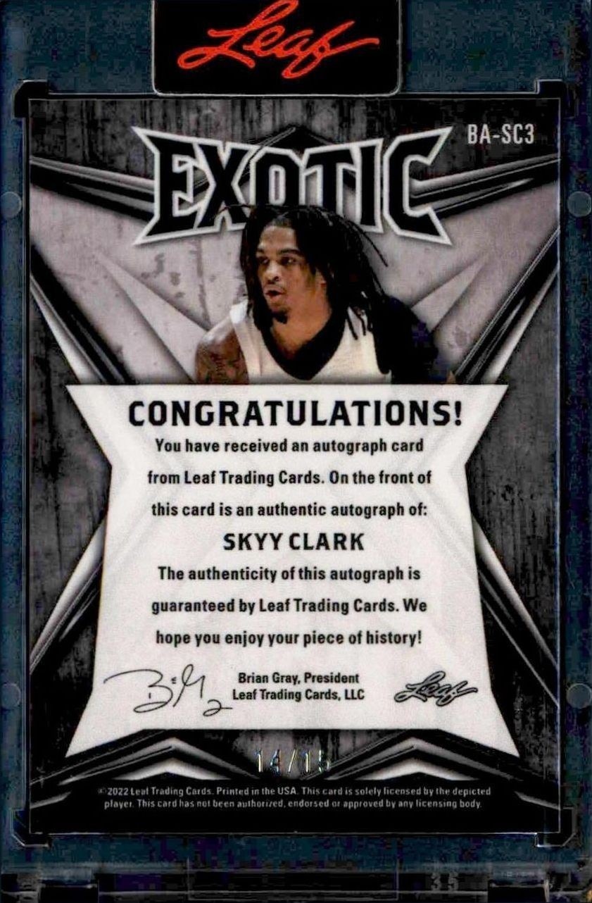 2022-23 Leaf Exotic Skyy Clark #BA-SC3 basketball trading card back