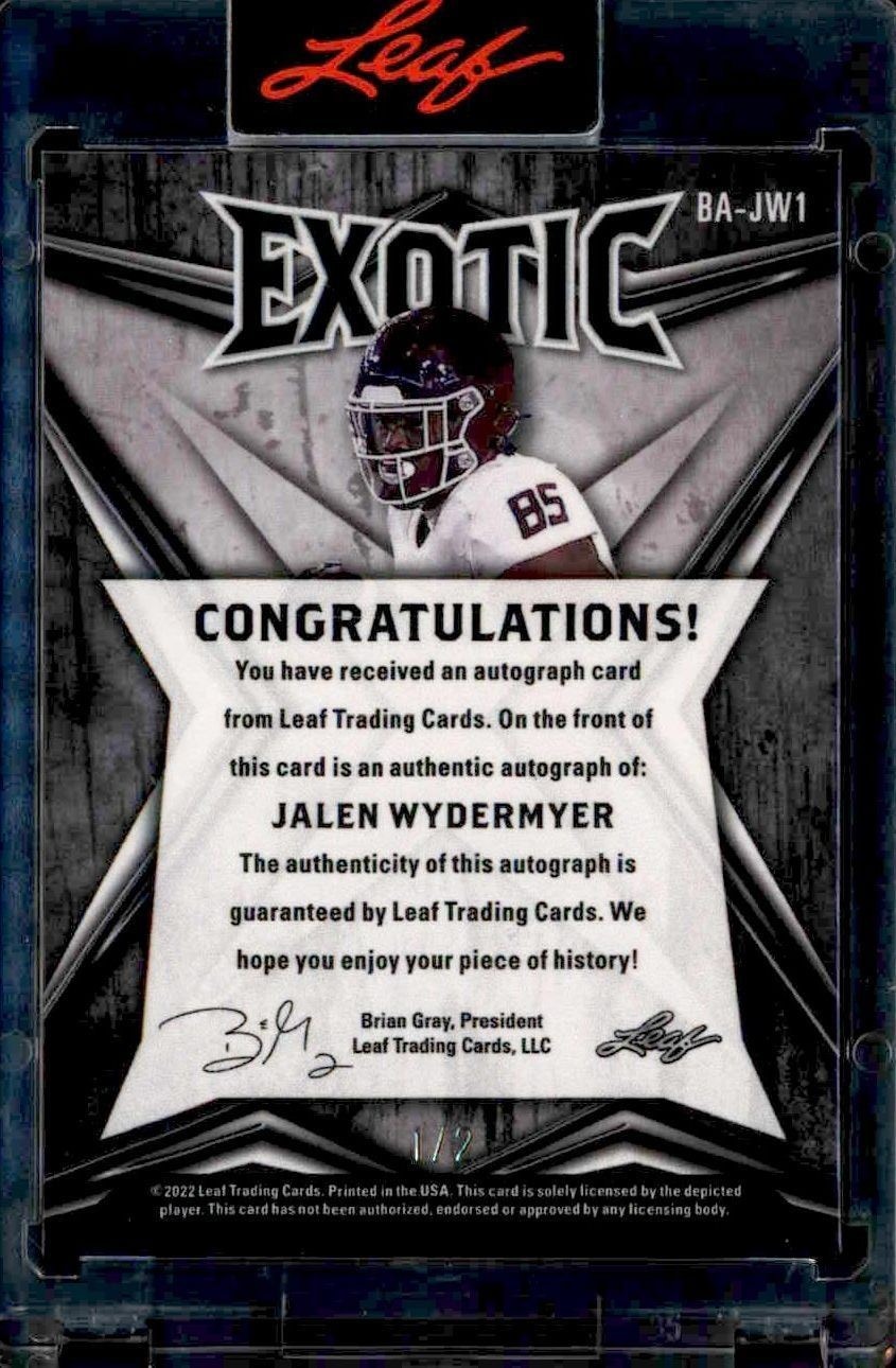 2022 Leaf Exotic Jalen Wydermyer #BA-JW1 football trading card back