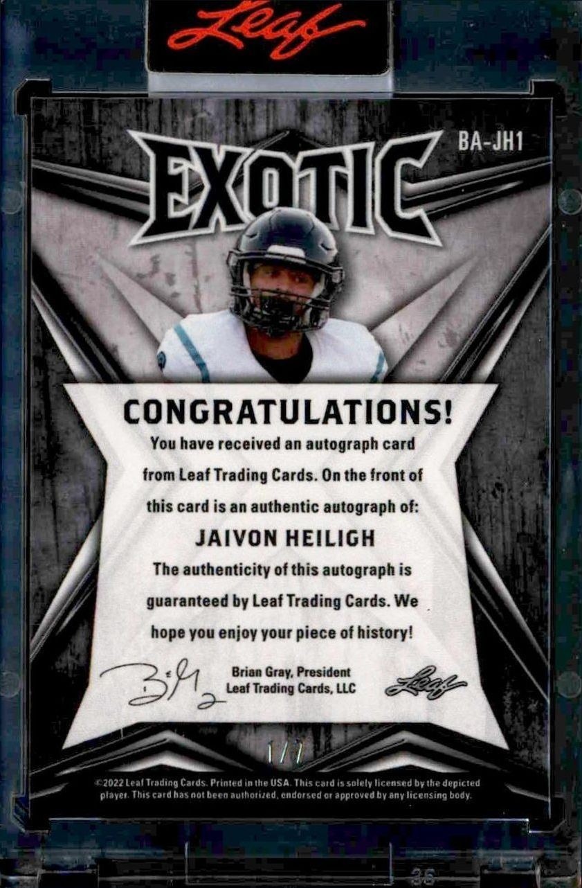 2022 Leaf Exotic Jaivon Heiligh #BA-IS1 football trading card back