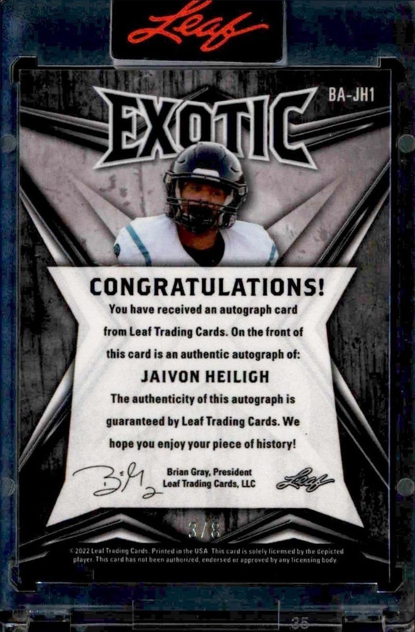 2022 Leaf Exotic Jaivon Heiligh #BA-JH1 football trading card back