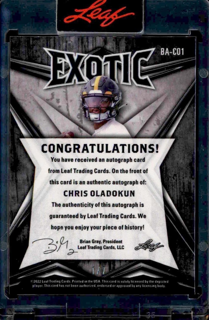 2022 Leaf Exotic Chris Oladokun #BA-CO1 football trading card back