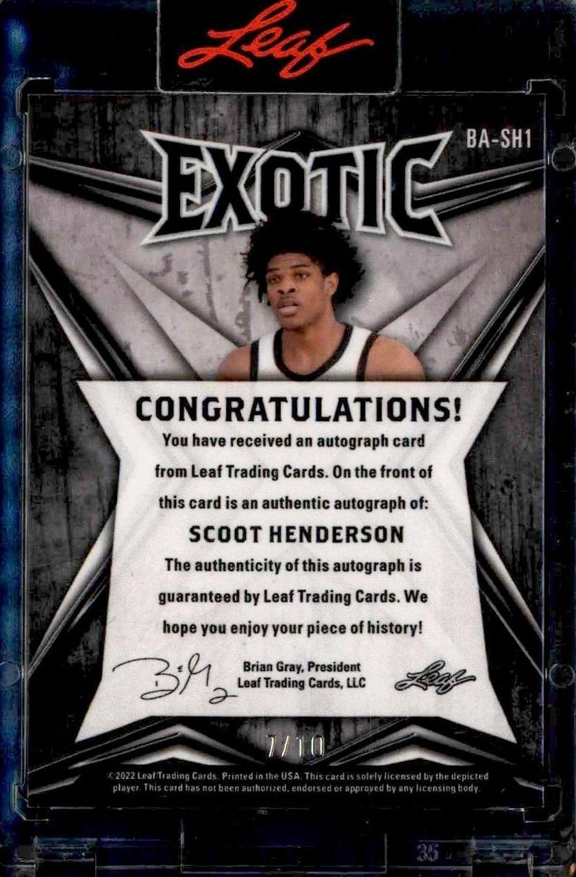 2022-23 Leaf Exotic Scoot Henderson #BA-SH1 basketball trading card back