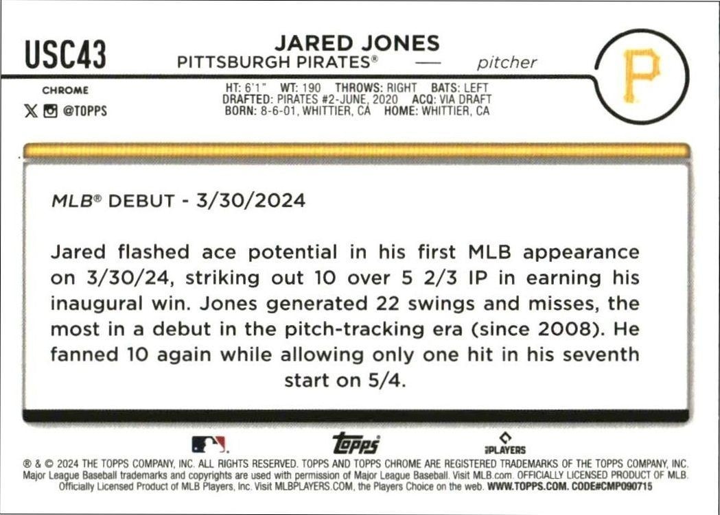 2024 Topps Chrome Update Series Jared Jones #USC43 baseball trading card back