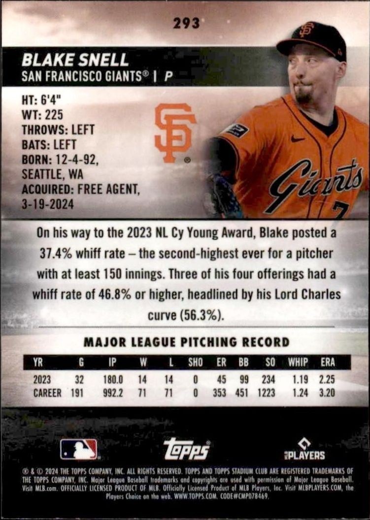 2024 Topps Stadium Club Chrome Blake Snell #293 baseball trading card back
