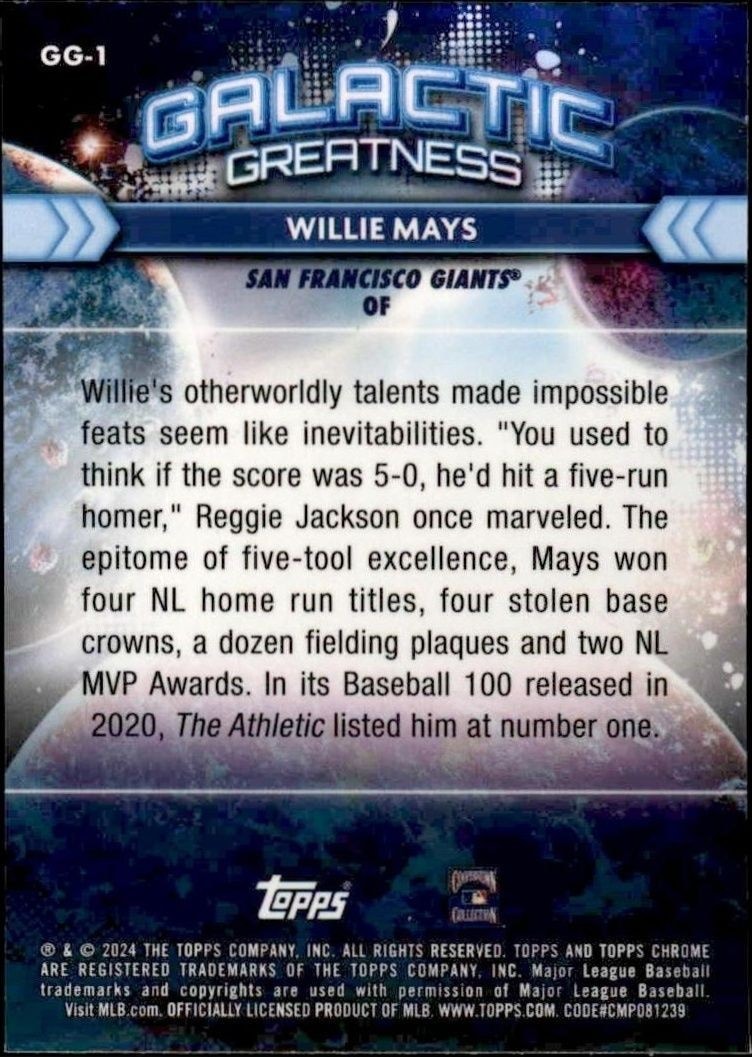 2024 Topps Chrome Cosmic Willie Mays #GG-1 baseball trading card back