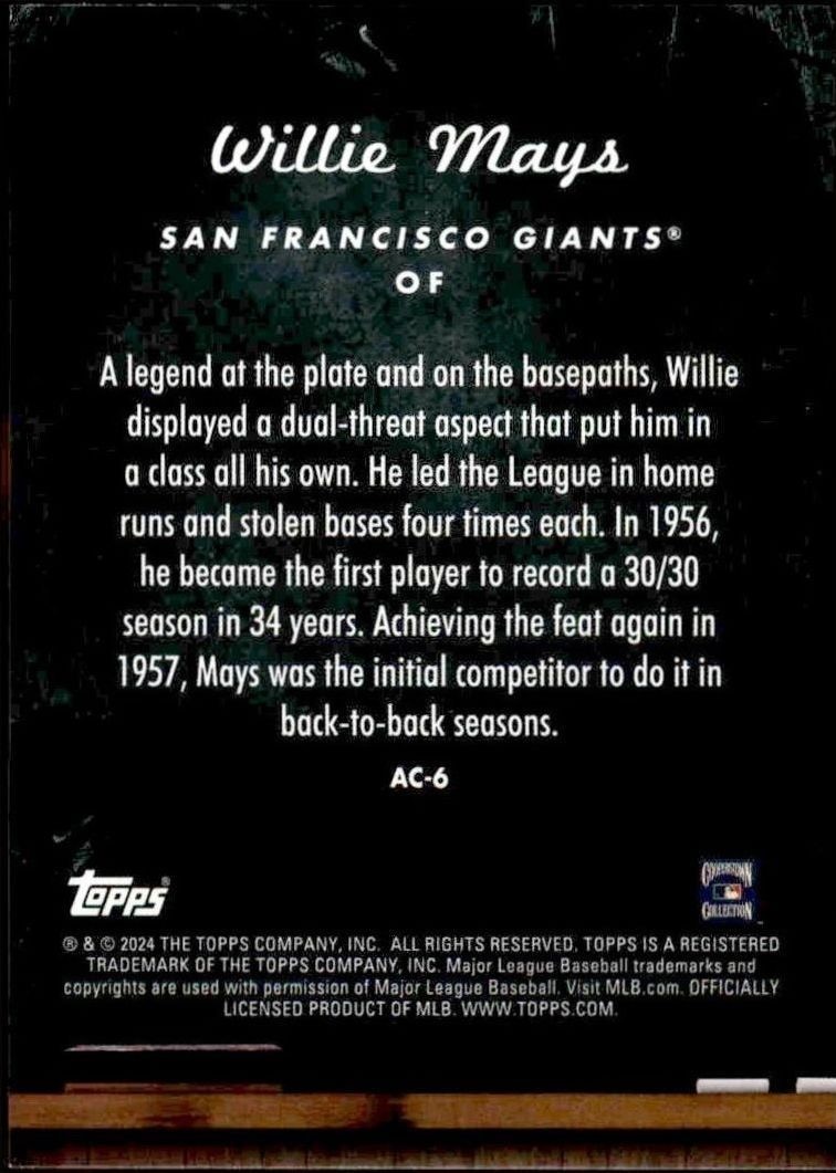 2024 Topps Update Series Willie Mays #AC-6 baseball trading card back