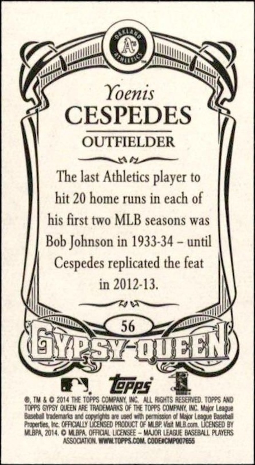 2014 Topps Gypsy Queen Yoenis Cespedes #56 baseball trading card back