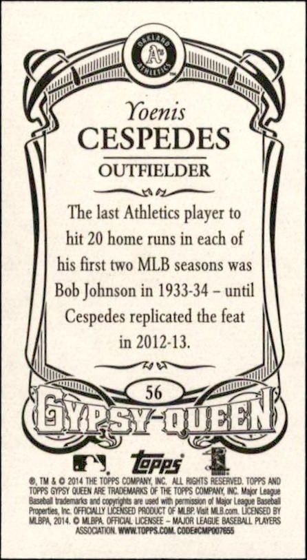 2014 Topps Gypsy Queen Yoenis Cespedes #56 baseball trading card back