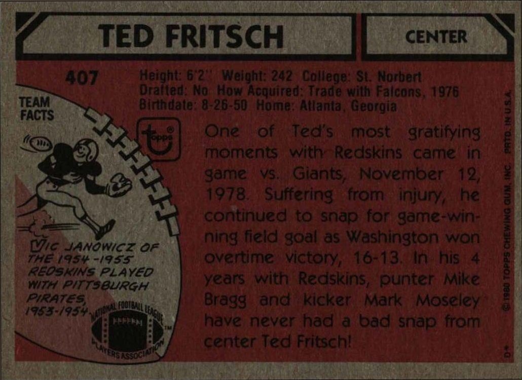 1980 Topps Ted Fritsch #407 football trading card back