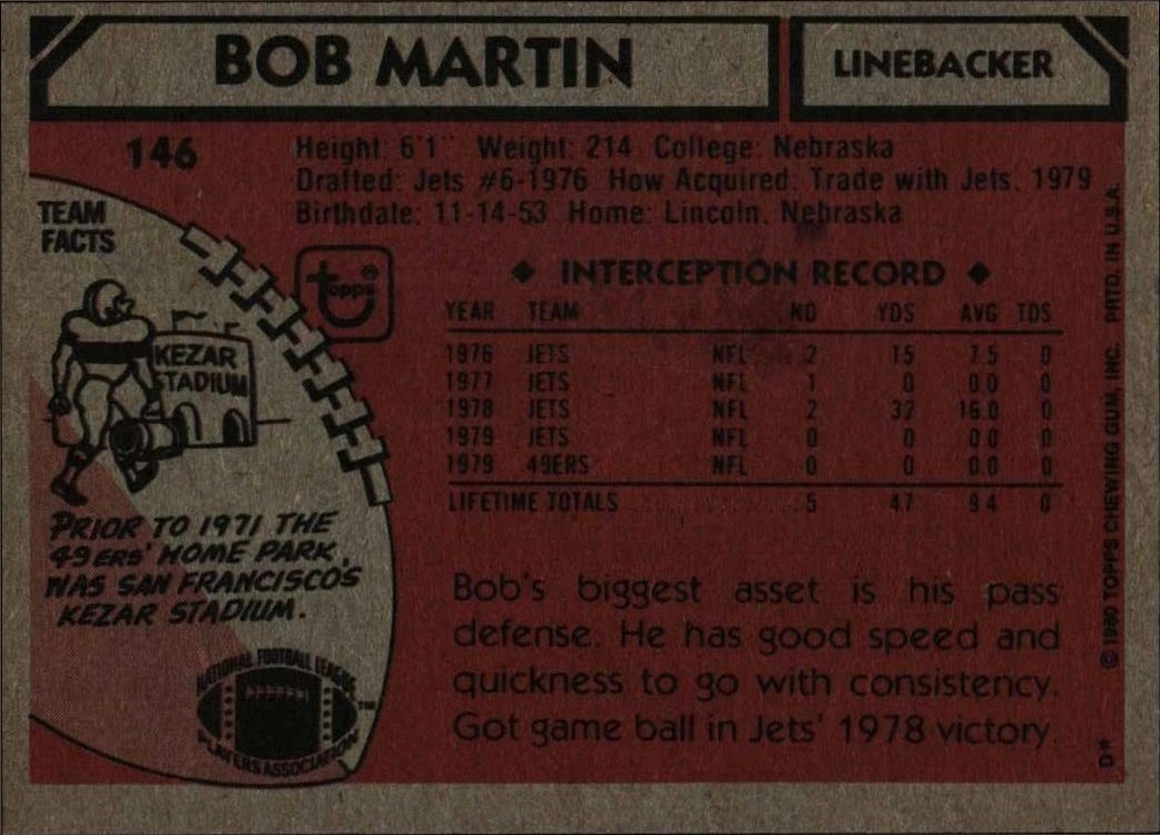 1980 Topps Bob Martin #146 football trading card back
