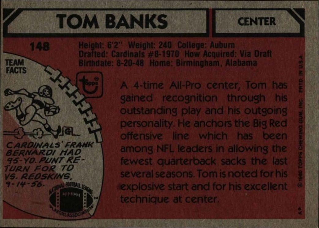 1980 Topps Tom Banks #148 football trading card back