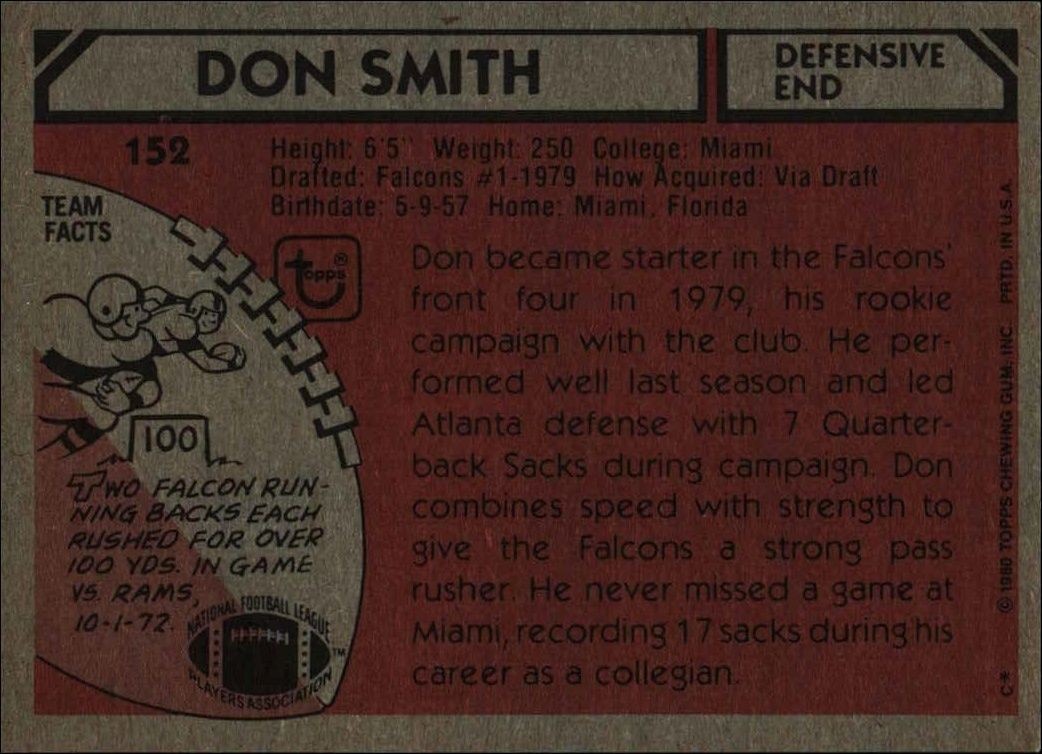 1980 Topps Don Smith #152 football trading card back