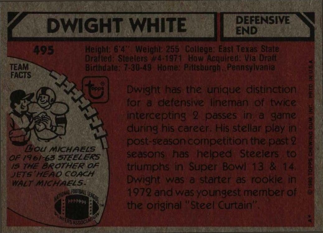 1980 Topps Dwight White #495 football trading card back