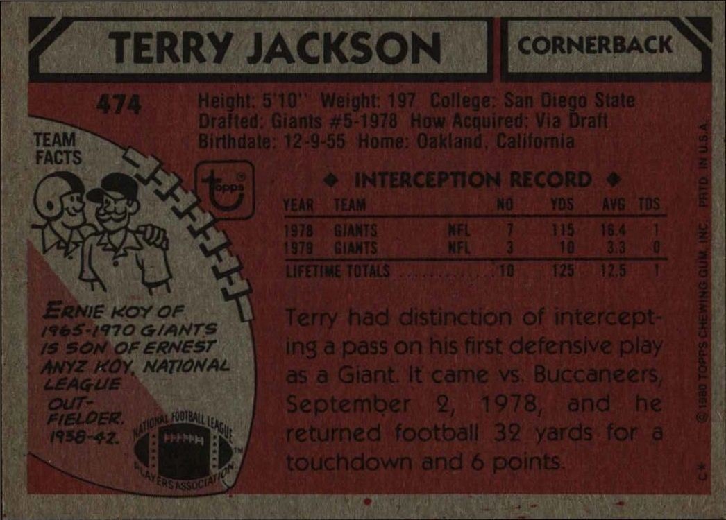 1980 Topps Terry Jackson #474 football trading card back
