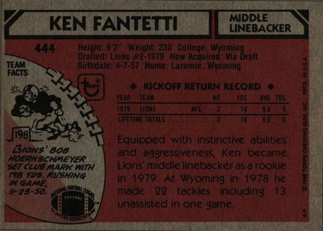 1980 Topps Ken Fantetti #444 football trading card back