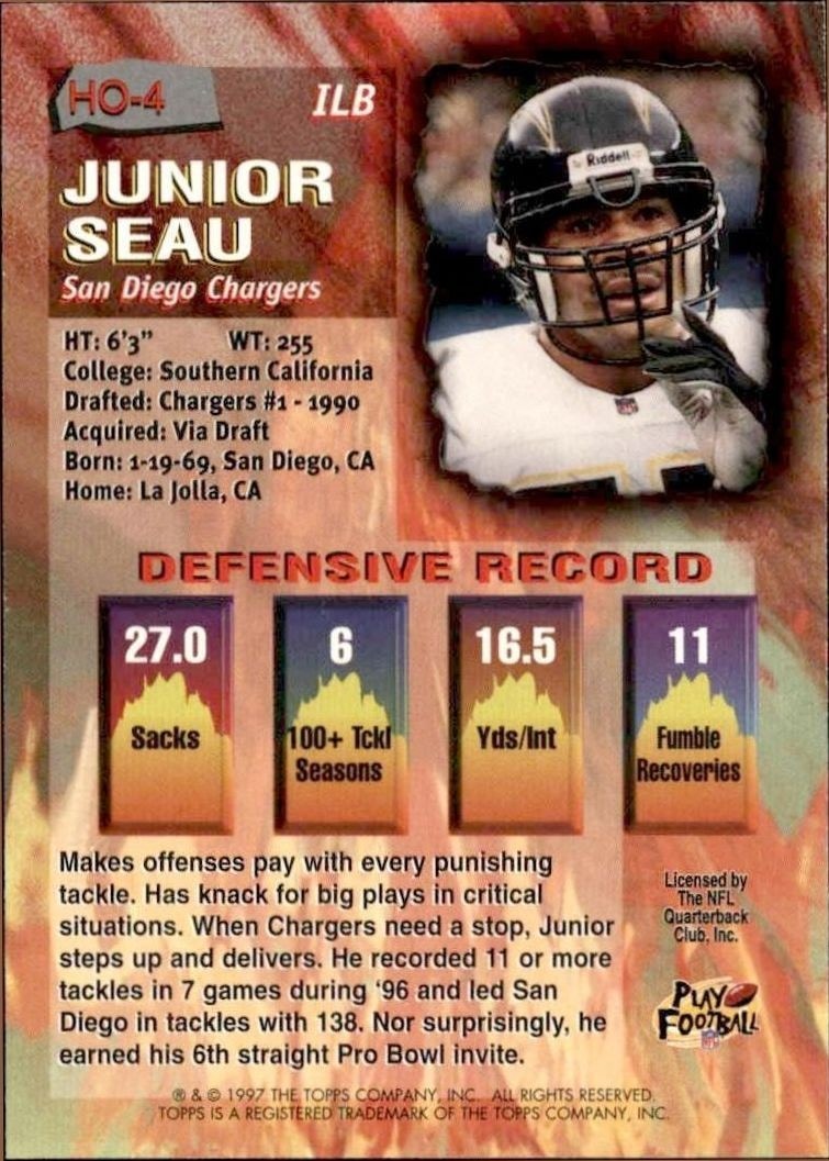 1997 Topps Junior Seau #HO-4 football trading card back