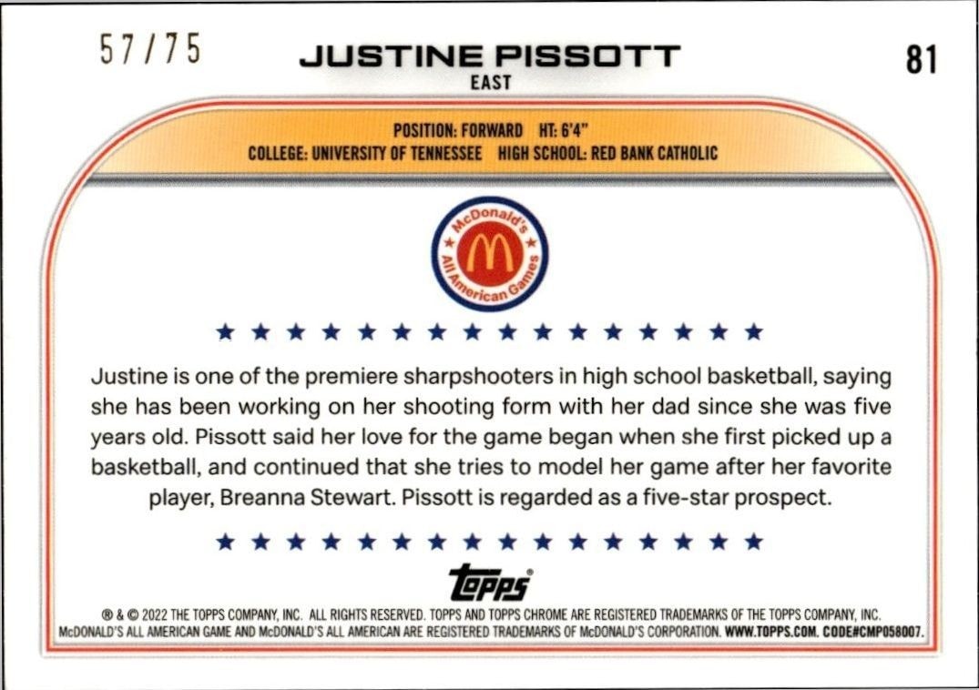 2022-23 Topps Chrome Mcdonald's All American Games Justine Pissott #81 basketball trading card back