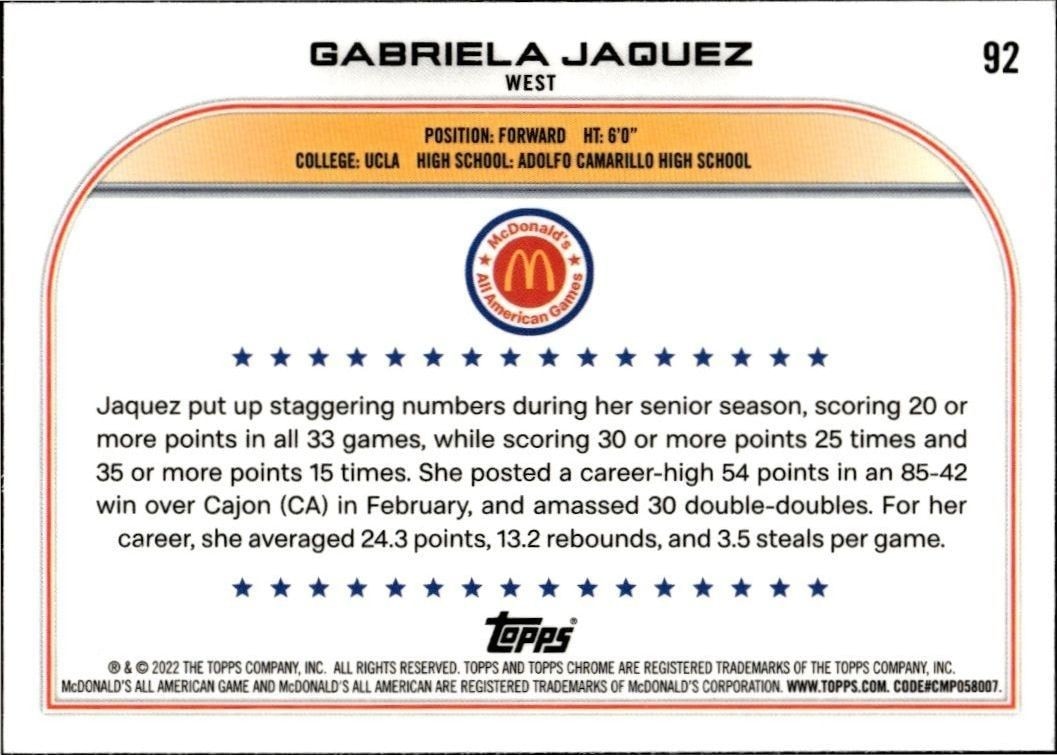 2022-23 Topps Chrome Mcdonald's All American Games Gabriela Jaquez #92 basketball trading card back