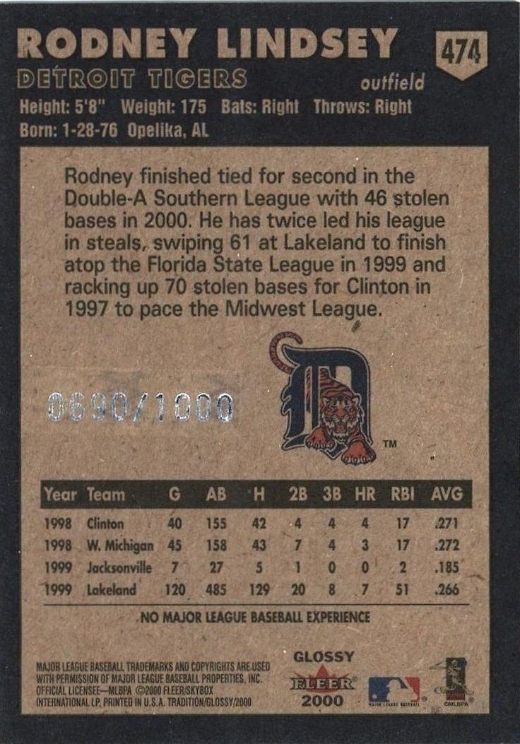 2000 Fleer Tradition Glossy Rodney Lindsey #474 baseball trading card back